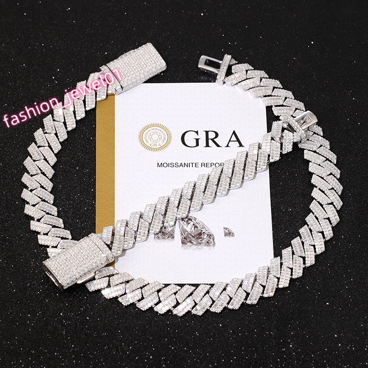Yu Ying Gems Jewelry 20mm Wide Full baguette Moissanite Diamond Sterling 925 Silver Necklace Cuban Chain