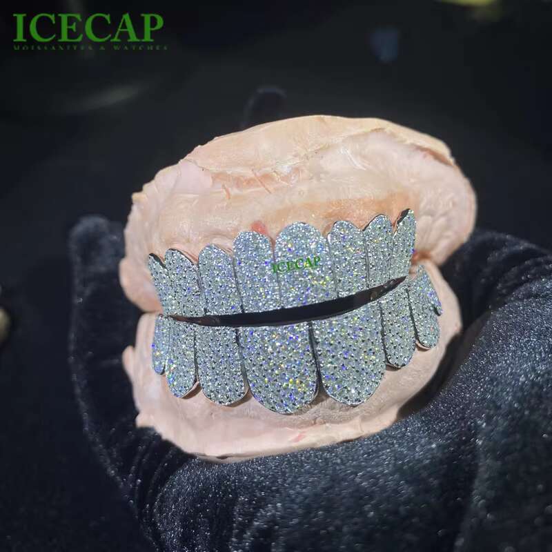 Popular Grillz Custom Flawless Mossanite Grills Teeth Big Stone Vvs Moissanite Grillz 10 Top 10 Bottom Ice Out Diamond Grillz