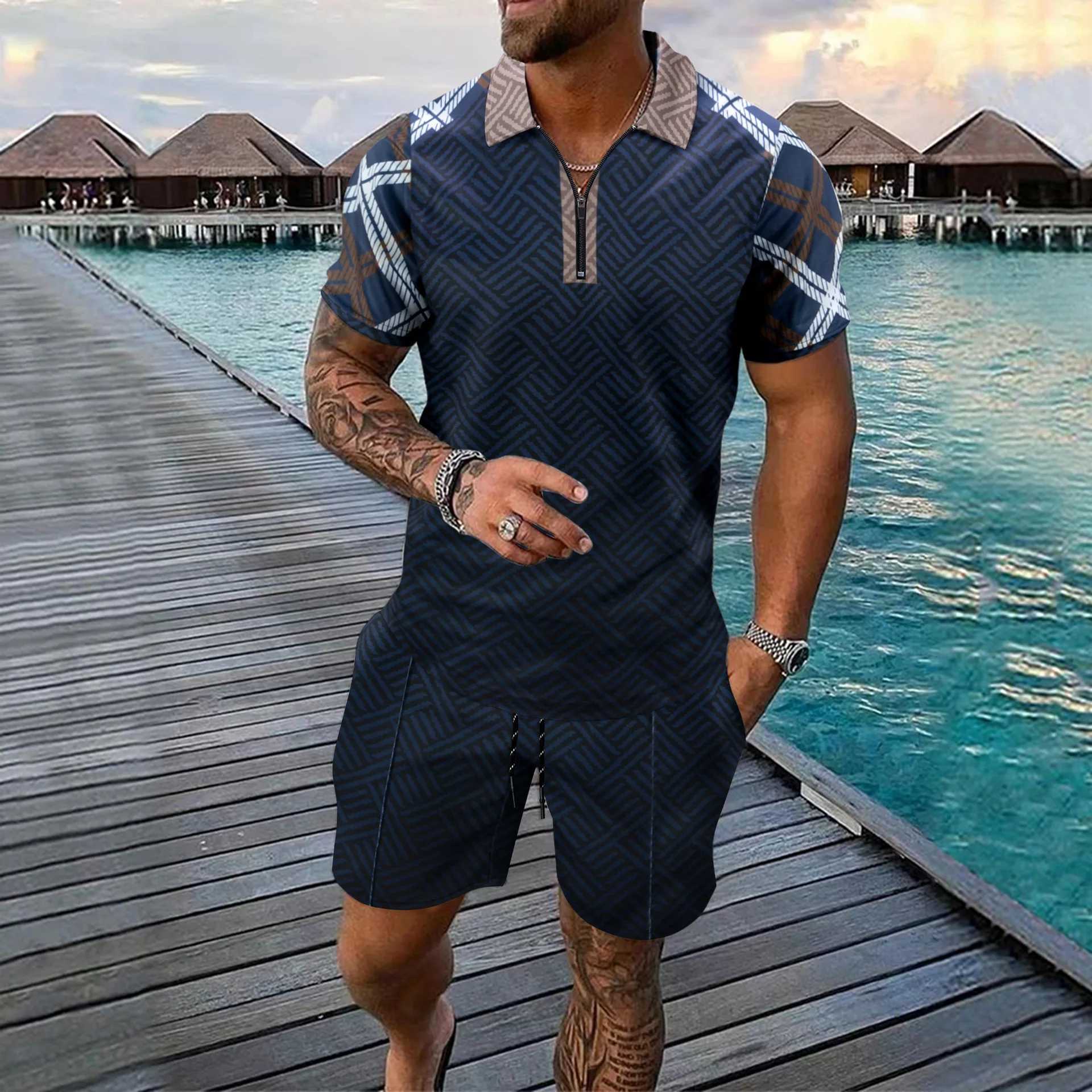Casual fashion zipper short sleeved mens summer T-shirt top and pants outdoor two-piece setXJ250412