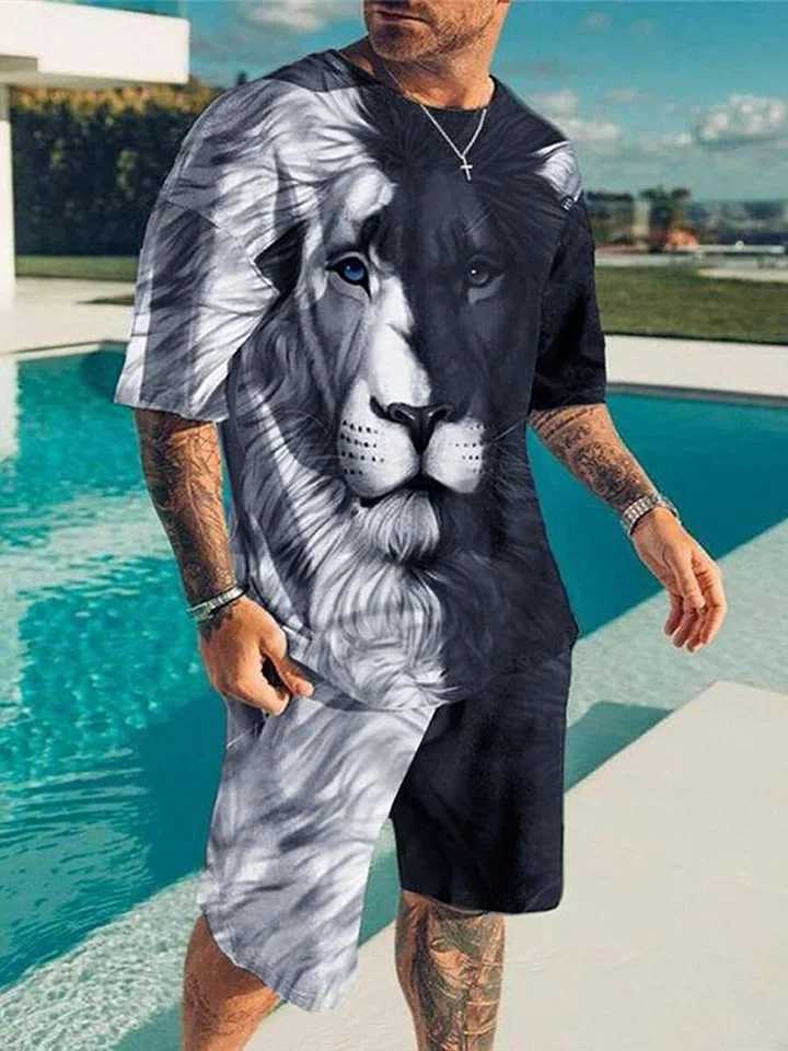 Summer daily casual mens sports shorts street fashion mens short sleeved top lion print mens T-shirt and shorts setXJ250412
