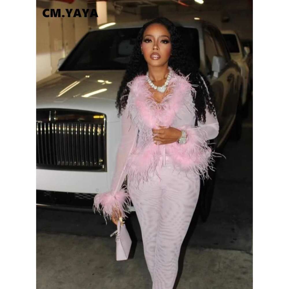Cm.Yaya Fashion Mesh See Though Women's Set Feather Side Long Sleeve Crop Top And Legging Pants 2025 Sexy Two 2Piece Sets Outfit