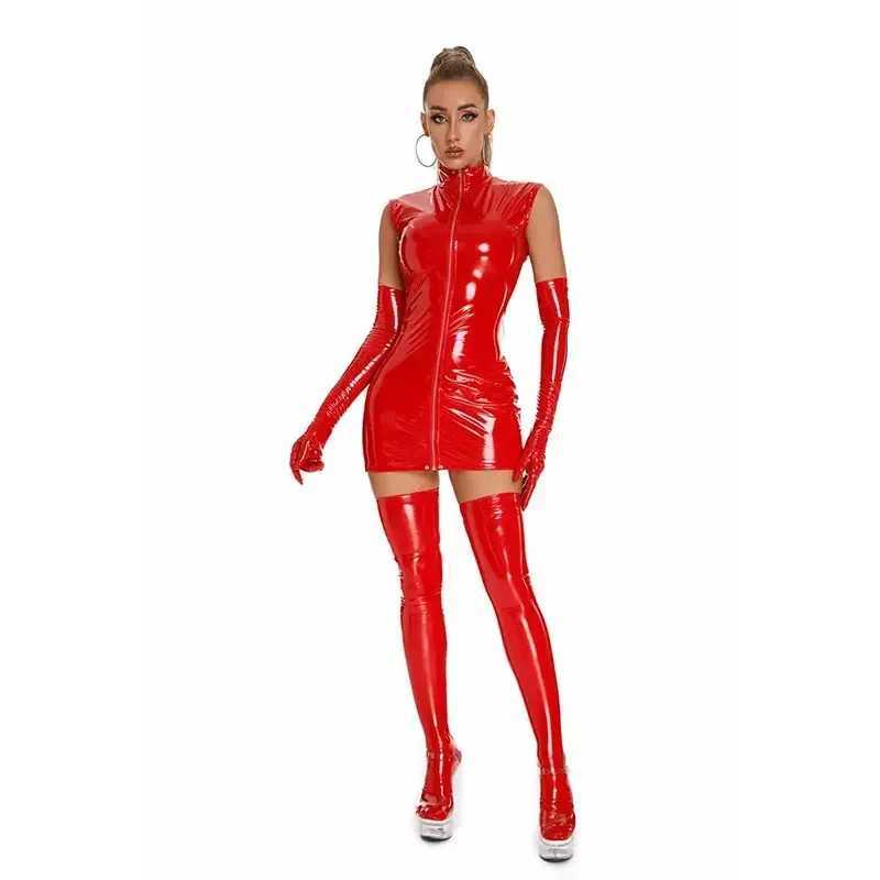 Womens sexy PVC leather tight dress with shiny rubber cut wet sleeveless zipper dress exotic nightclub tight jumpsuit W250412