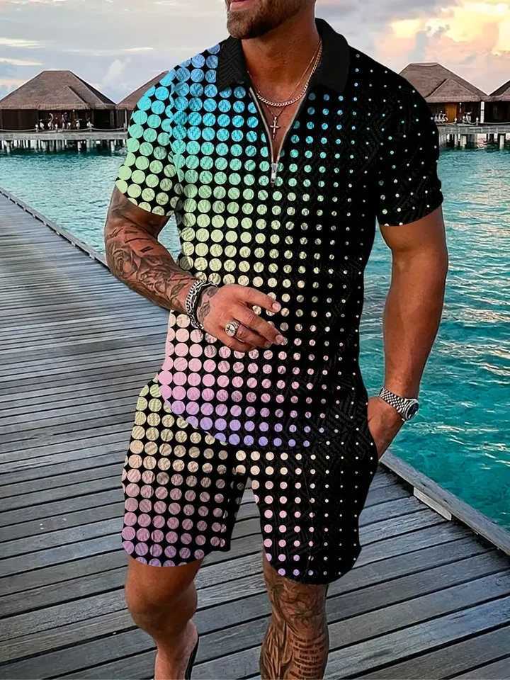 Summer new mens sportswear 3D printed short sleeved zipper polo shirt 2-piece set for mens oversized streetwearXJ250412