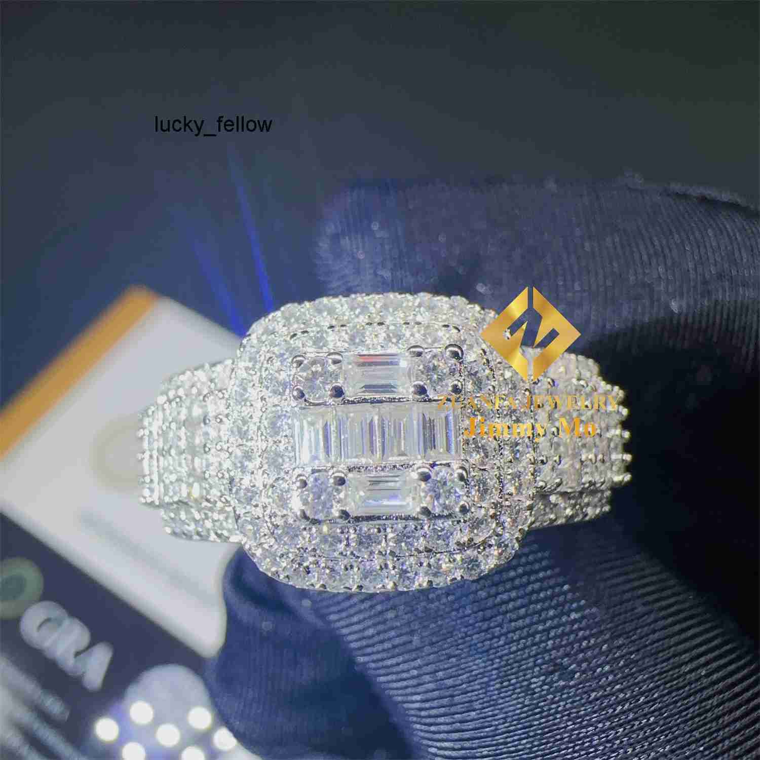 Bling Fashion Iced Out Hip Hop Wedding baguette Vvs Moissanite Diamond 925 Sterling Silver Men Diamond Ring