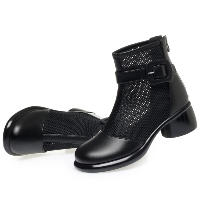 AIYUQI 2025 summer mesh womens boots Breathable hollow women sandals Thick heel comfortable mesh hole female shoes 250411