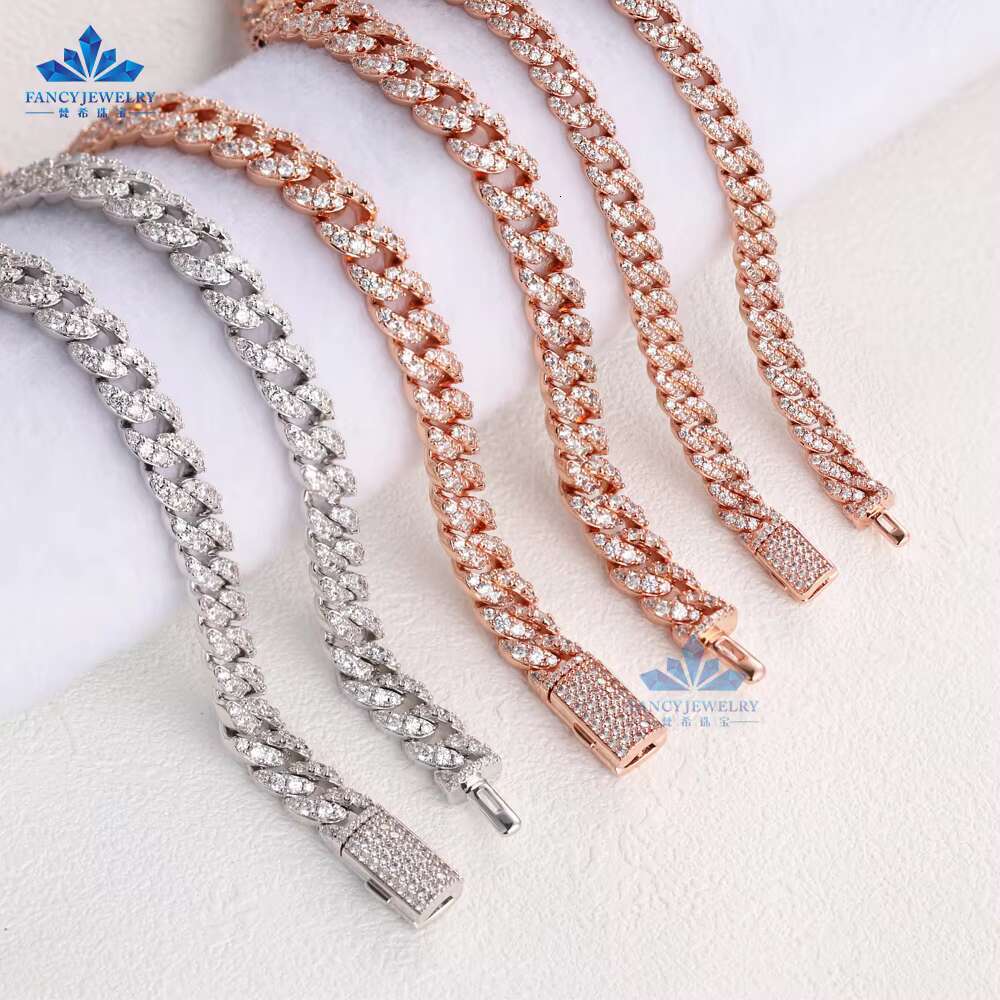 Sterling Silver 925 6mm 8mm Cuban Moissanite Jewelry Miami Cuban Link Chain Gold Rhodium Plated Hip-hop Style