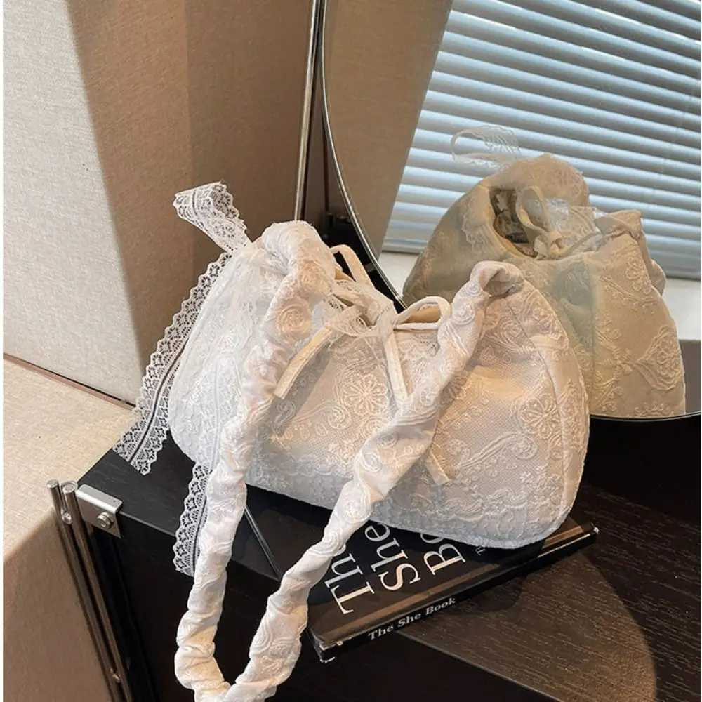Shopping Tote Bag Lace Shoulder Bag Pleated Strap With Ribbon Simple Canvas Handbag Cloth Simple Large Capacity Bag GirlsT2511112