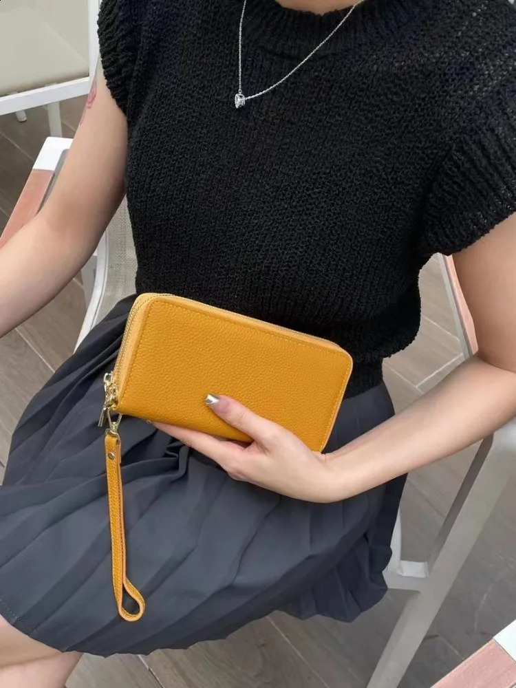 genuine leather womens wallet cowhide leather double zipper clutch bag business and leisure long wallet womens multi card wallet 250411