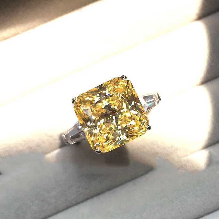 Exquisite Big Bling Yellow Zircon Silver Womens Wedding Engagement Fashion Jewelry New Year 2024 Ring Womens Diamond RingXJ250412