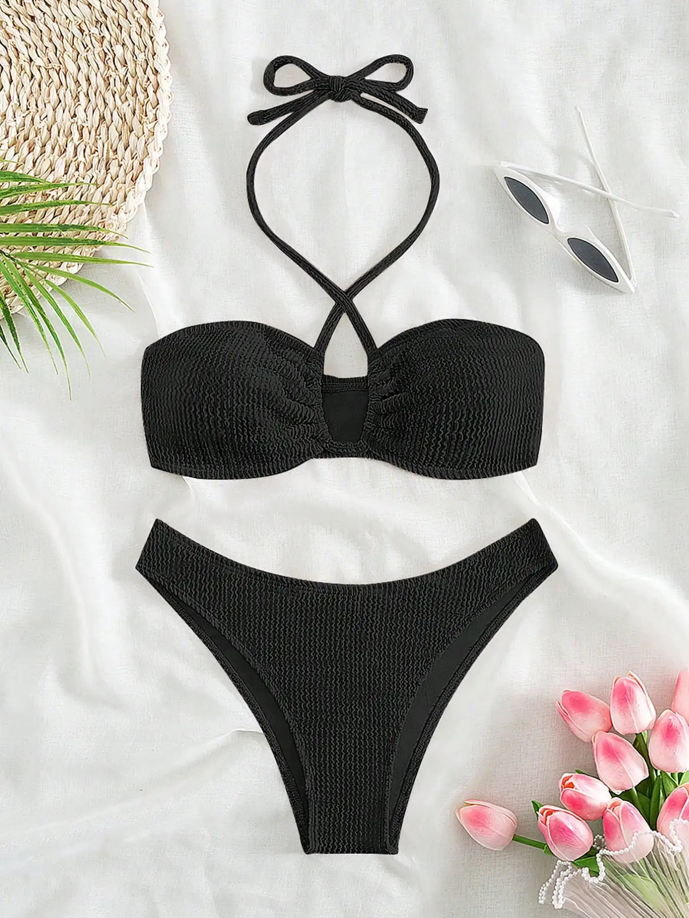 Bandeau halterneck lace-up bikini cross-border foreign trade European and American solid color style swimsuit suit 250411