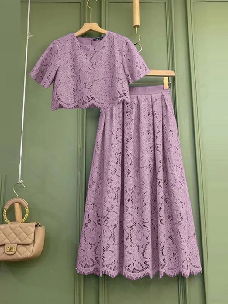 ZANZEA Elegant Openwork Lace Skirt Sets Women Casual Short Sleeve Crop Tops A-line Long Skirts 2pcs Outfits Holiday Party Suits 250411