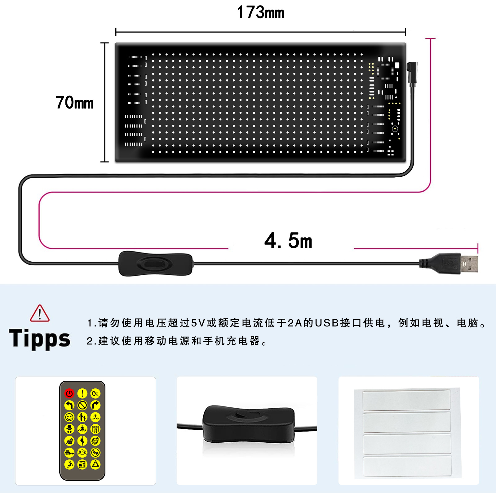 LED Sign for Car, 7''x3'' Flexible USB 5V Digital Sign, Programmable LED Sign, App Control Custom Text Pattern Animation for Store