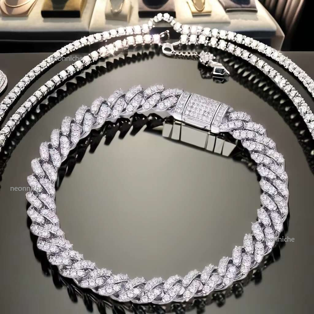 Sterg Sier VVS Dia Cuban Bracelet for Men Women 6mm 8mm 10mm 12mm White Gold GRA Moissanite Necklace