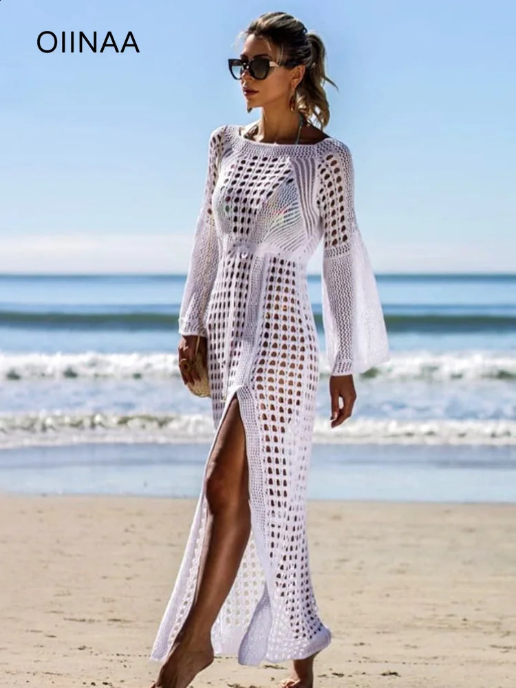 OIINAA Beach Cover-Ups Women Swimsuit Cover Up Solid Hollow Out Lace Up Long Sleeve Slit Cut Beach Long Dress Summer Fashion 250411