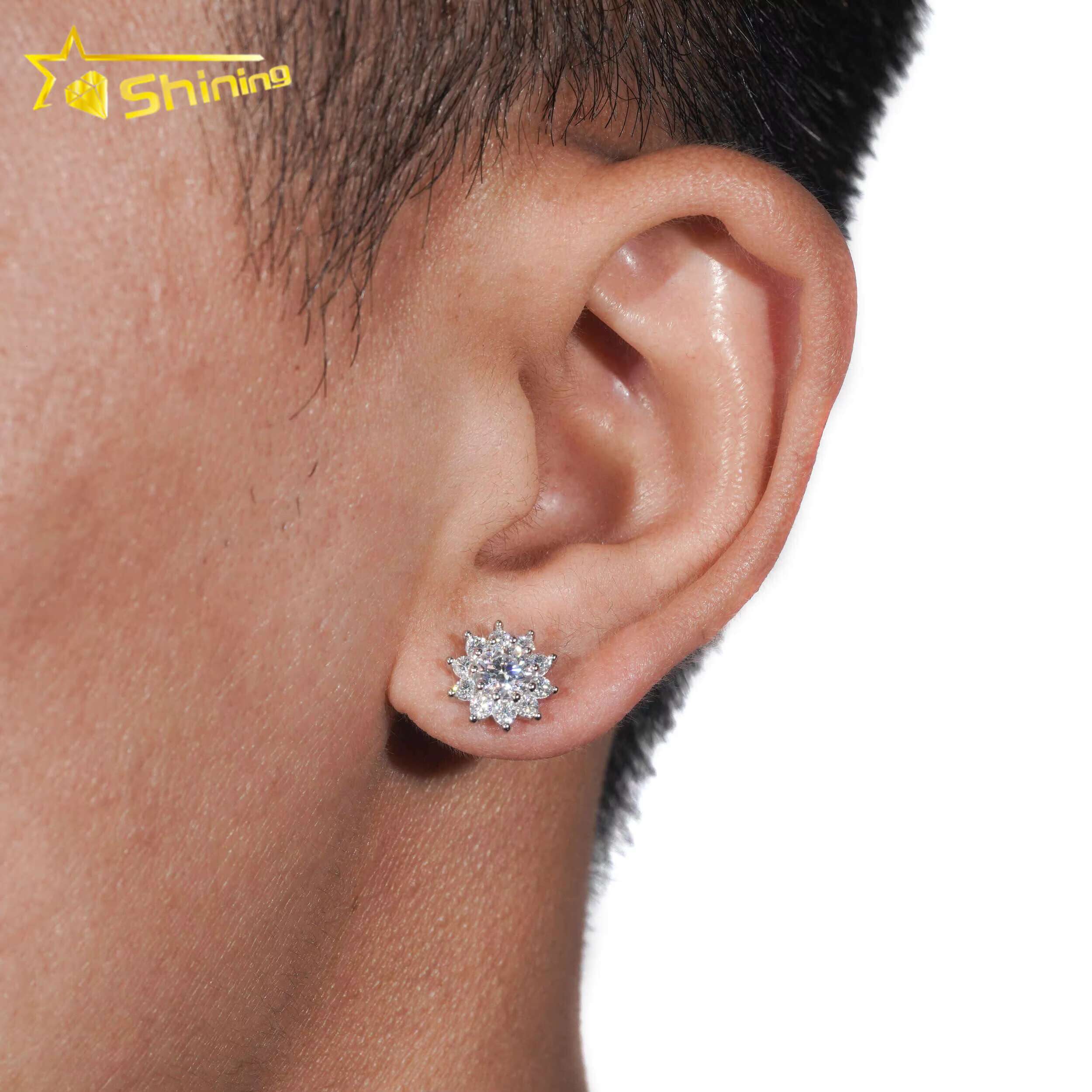 Fine Jewelry 925 Sterling Silver Screw Back Blue Green Moissanite Diamond Sunflower Hip Hop Stud Earrings
