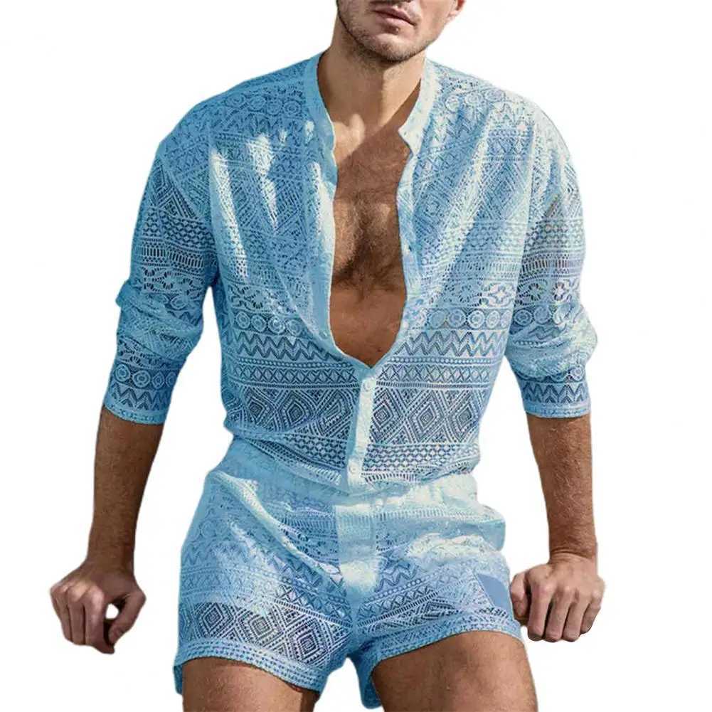 Ropa hombre Autumn 1 set mens top hollow solid color lace see through wedding dress mens two-piece setXJ250412