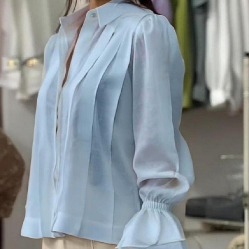 Women's Blouses & Shirts--Trendy European Style Womens Long Sleeved Pleat Flared Blouse-8021