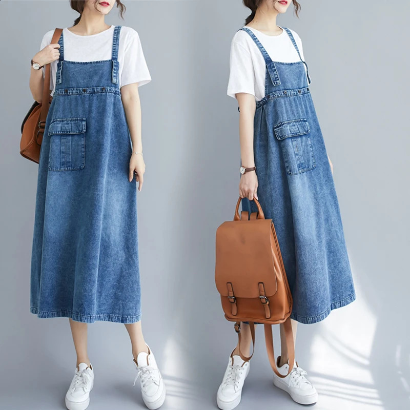 Wxw2107 summer full set spaghetti strap dress retro sleeveless denim loose Aline Midi with pockets 250411