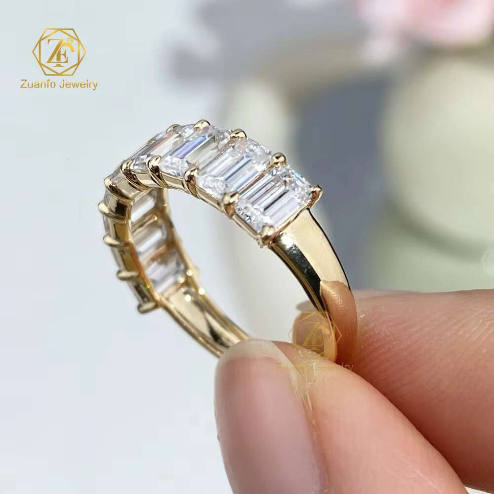 Elegant Style Solid 18K Real Gold Half Eternity Band D/VVS Emerald Cut Moissanite Wedding Band Ring