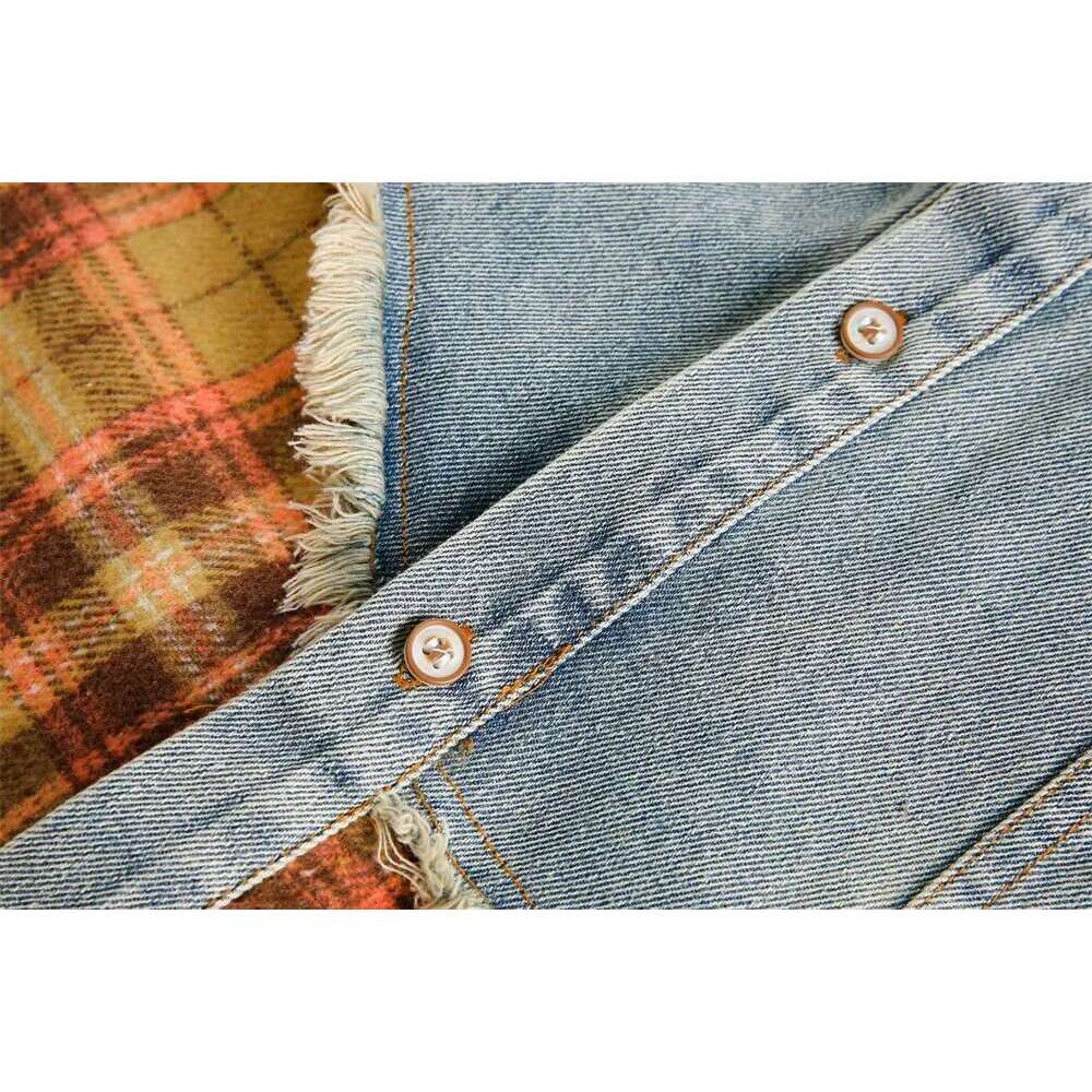 Denim Plaid Spliced Mens Washed Distressed Autumn High Street Lapel Pocket Single Breasted Long Sleeve Shirts