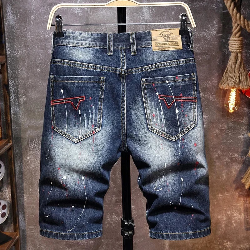Summer Fashion Mens Graffiti Ripped Short Jeans Casual Slim Big Hole Retro Style Denim Shorts Male Clothes 250411