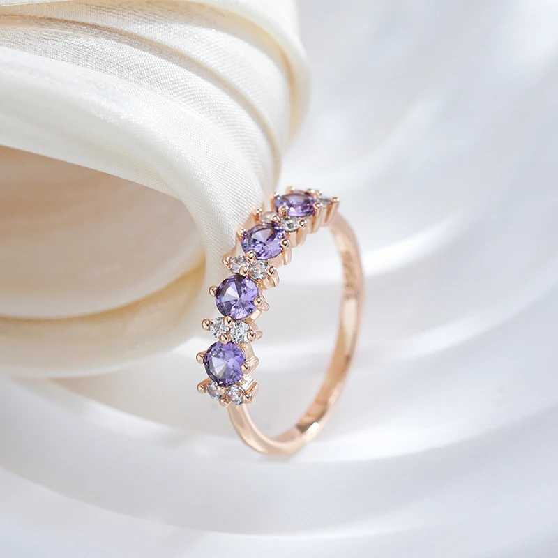 Kinel Hot Flash Purple Natural Zircon Ring 585 Rose Gold Round Match Wedding Band Daily Exquisite JewelryXJ250412
