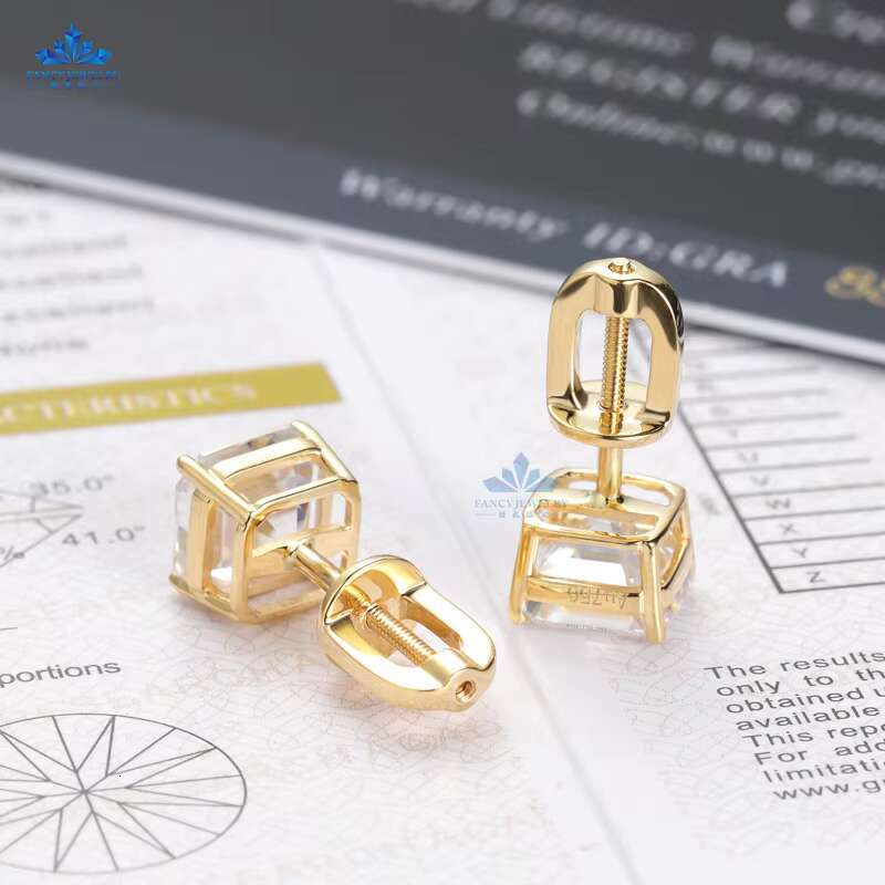 GRA Certified Moissanite Diamond Asscher Cut Stud Earring for Women 925 Sterling Silver 18K Gold Trendy Hip Hop Jewelry
