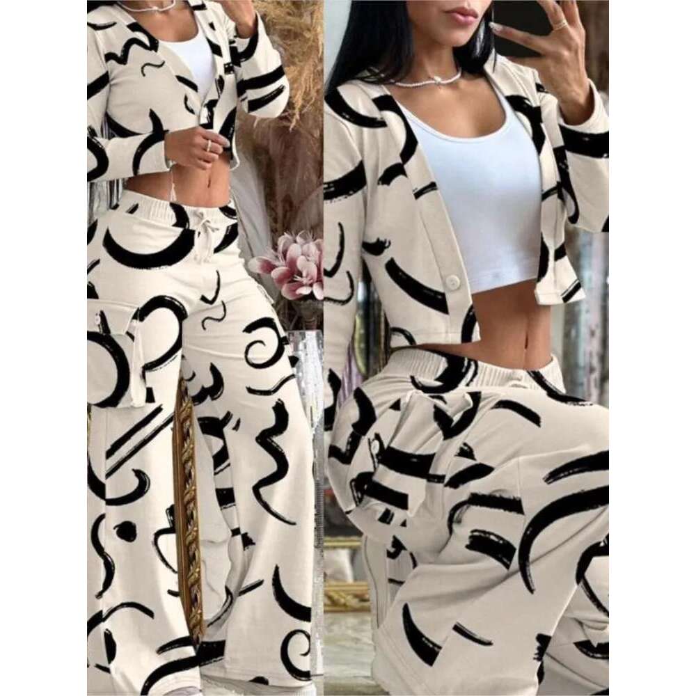 Women's Spring Summer New Fashionable Solid Color Printed Sexy Waist Short Top Casual Pants Set For Women