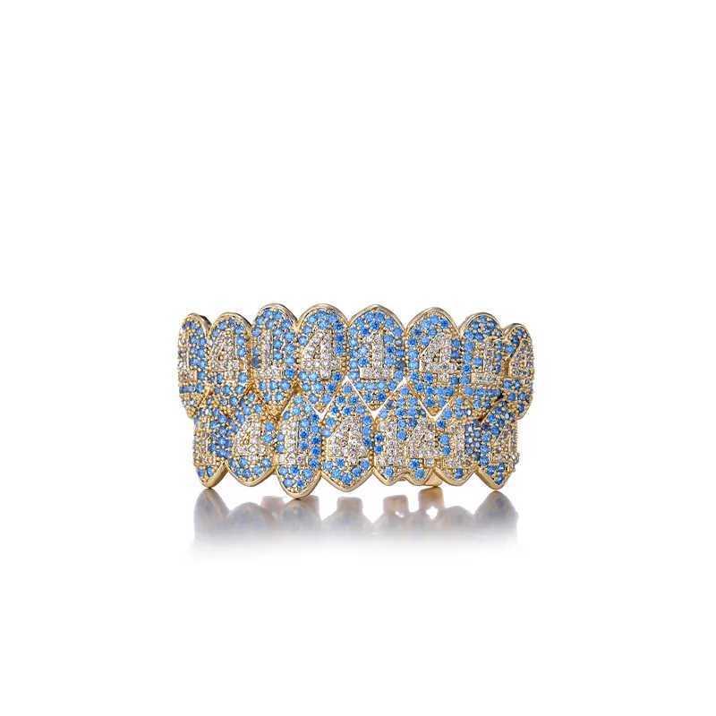 Feel Style CZ Teeth Grillz Hat Shiny Blue Cube Zircon Ice Out Mini Paving Top and Bottom Charm Grill Set W250412