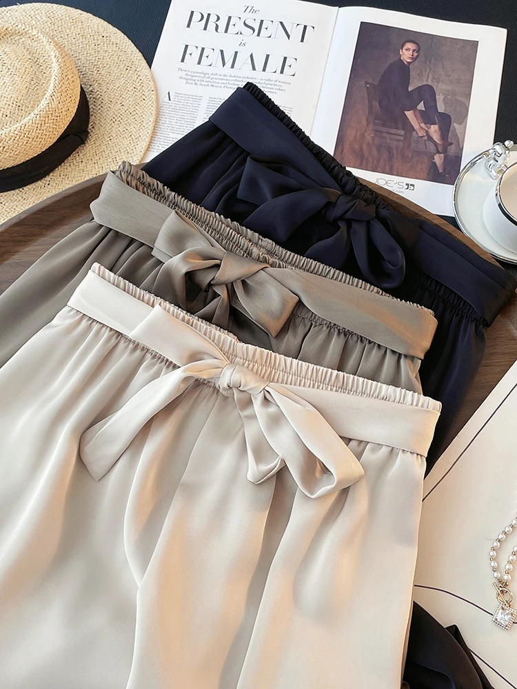 High Waist Ice Silk Acetate Wide Leg Pants for Women Summer Loose Silk Satin long maxi Trousers Spring lace up plus size pants 250411