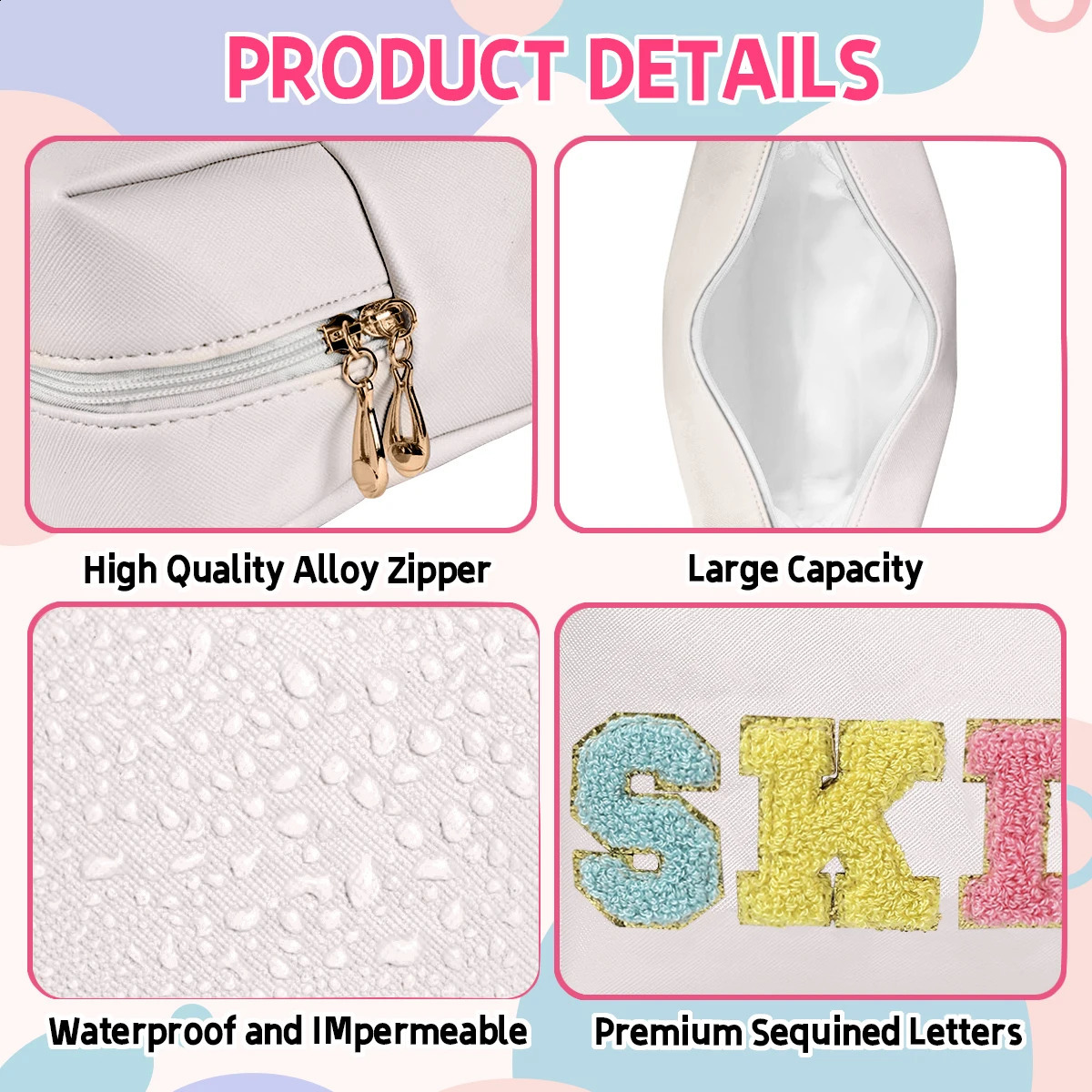 Chenille Letter Cosmetic Bag PU Leather Waterproof Pouch Cute Zipper Organizer Skin Hair Face and Glam.-zmt 250407