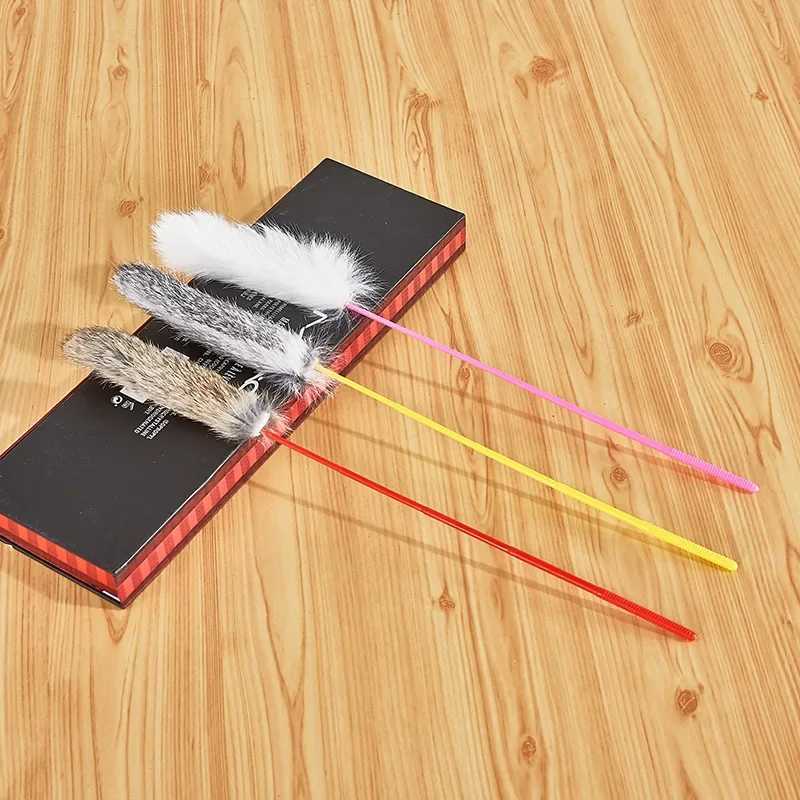 3 random colored teasing cat sticks artificial rabbit fur fluffy pet interaction sticks cat game training toys pet supplies Y250412