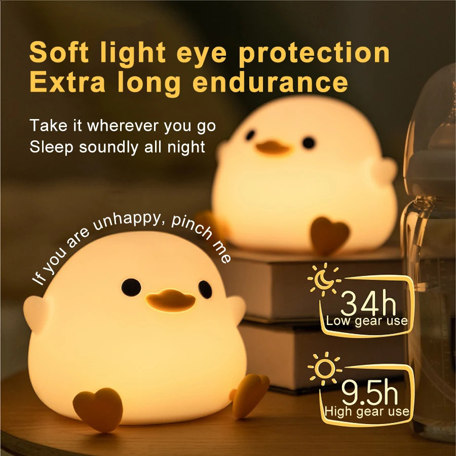 LED Night Light Cute Duck Cartoon Animal Silicone Light Childrens Touch Sensor Timer USB Charging Birthday Gift 250411