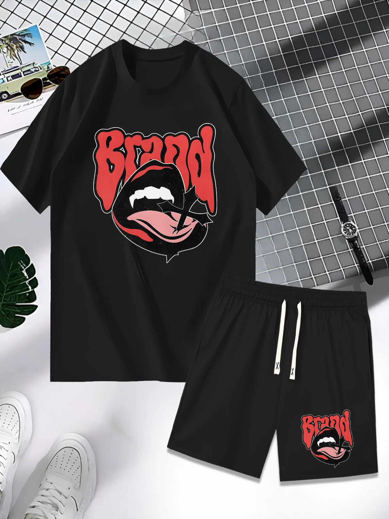 Roaring Red Lips Alphabet Print Mens Summer Casual Short-sleeved T-shirt and Sports Shorts Set Fashion Trend American Y2K 250407