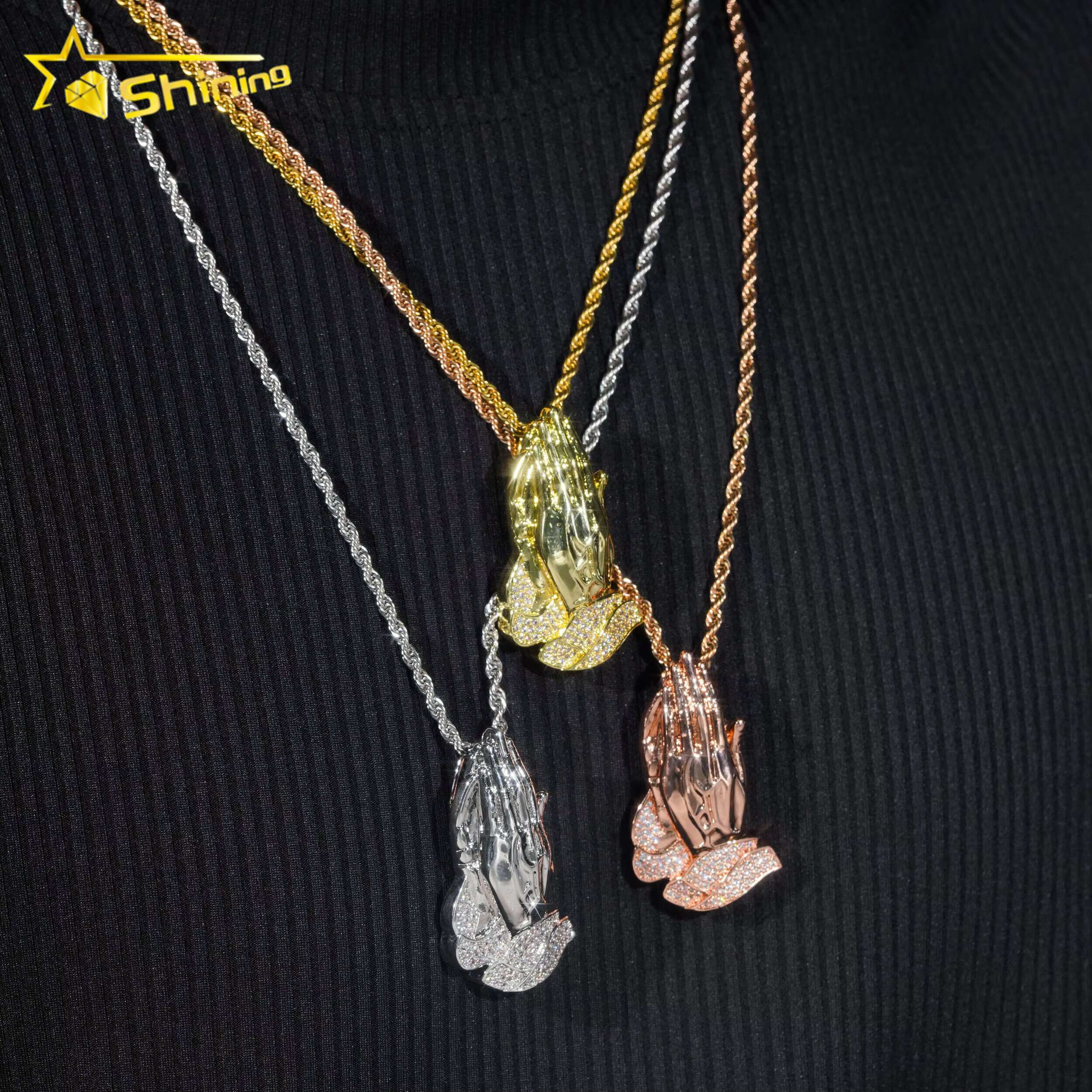 Hop Hip Moissanite Jewelry 925 Sterling Silver Gold Plated VVS Moissanite Praying Hand Pendant Men Iced Out Pendant Jewelry