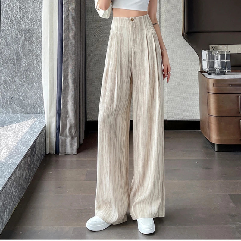 2025 Summer Tencel Linen Pants Women High Waist Tie-Dye Texture Thin Sunscreen Wide Leg Trousers 250411