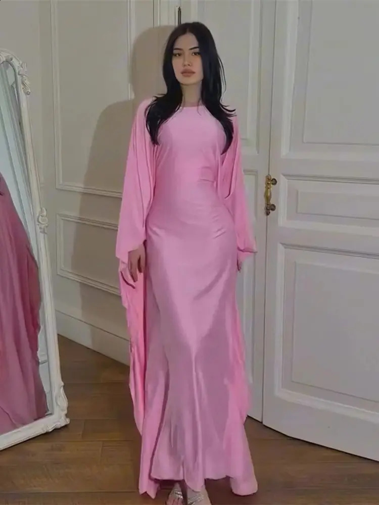 Eid al Fitr Shining Batwing Satin Dubai y Muslim Abaya Women Maxi Kaftan Dress Islamic Clothing Moroccan 250411