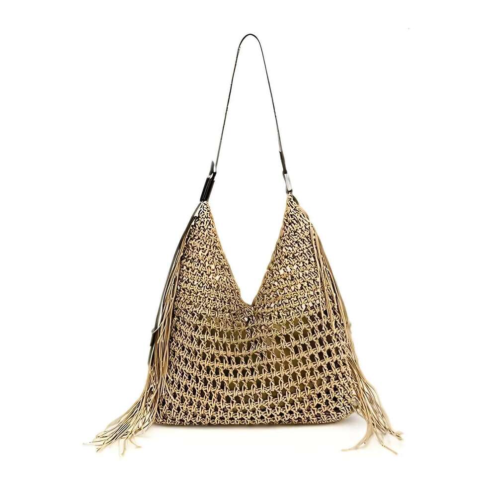 Designer Bohemian Beach Bag For Women - Premium Nylon With Decorative Hollow Tassels, Zippered Inner Pocket