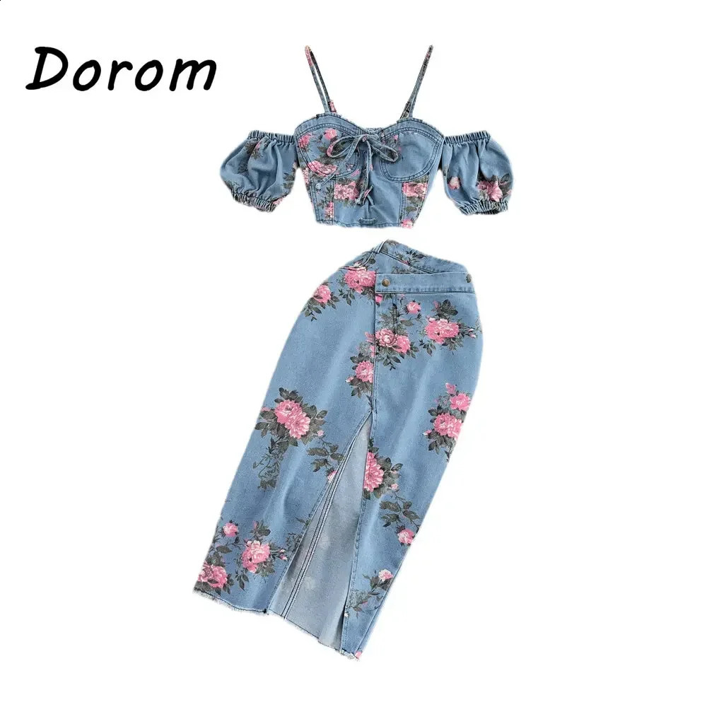 Vintage Flower Print Denim Two Pieces Sets Women Summer V-Neck Lace-up Jeans Crop Top High Waist Irregular Skirt Female Suits 250411