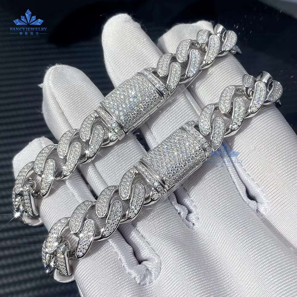 Miami Cuban Chain Iced Out Moissanite Bracelet Hip Hop Jewelry 925 Silver for Men Gift Box Womens Charm Bracelets Cuban Link