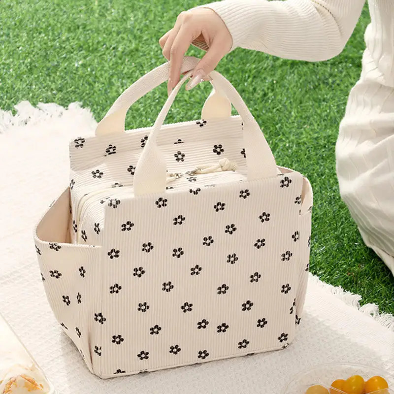 Corduroy lunch bag thermal insulated lunch box storage bag multifunctional school cooler bag picnic bag 250410
