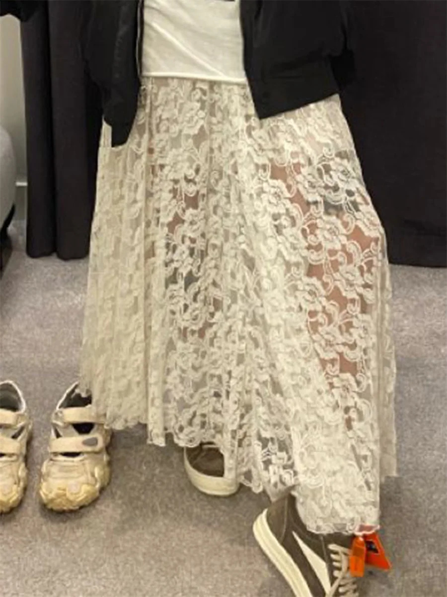 Women Lace Patchwork Long Skirts Vintage High Waist Solid Color See-Through Maxi Skirts Slim Skirts Elegant Temperament Skirts 250411