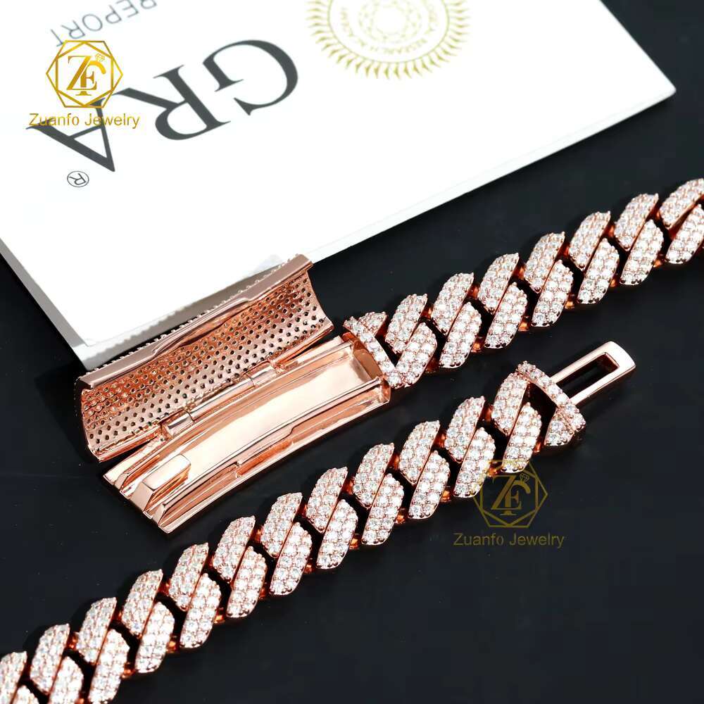 Factory Custom Classic Cuban Link Chain Pass Diamond Tester Rose Gold Bent Buckle 925 Silver Moissanite Cuban Necklace