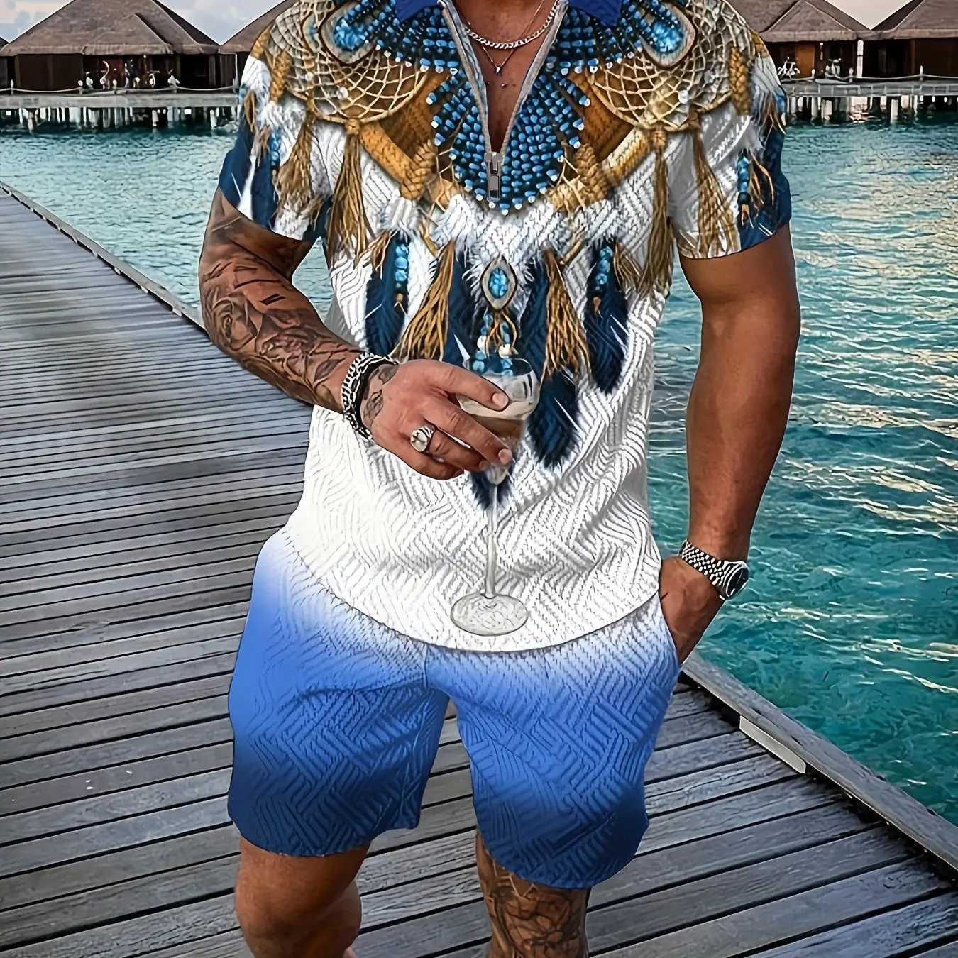 Retro ethnic style totem 3D printed mens sportswear set summer zipper polo shirt+shorts 2-piece set mens clothing track setXJ250412