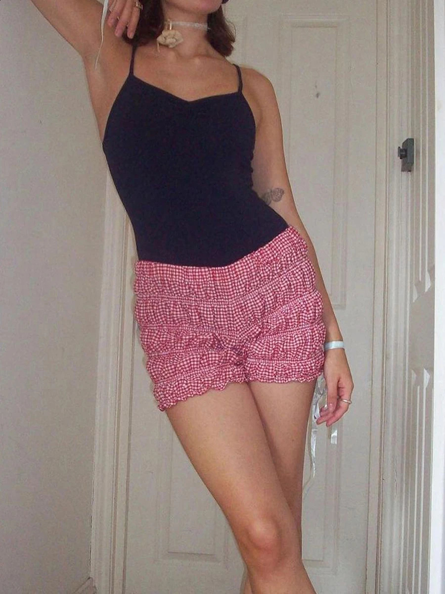 Womens Summer Plaid Print Lounge Shorts Low Rise Frill Tiered Slim Short Pants Female Kawaii Lolita Pajamas Bottoms Loungewear 250409
