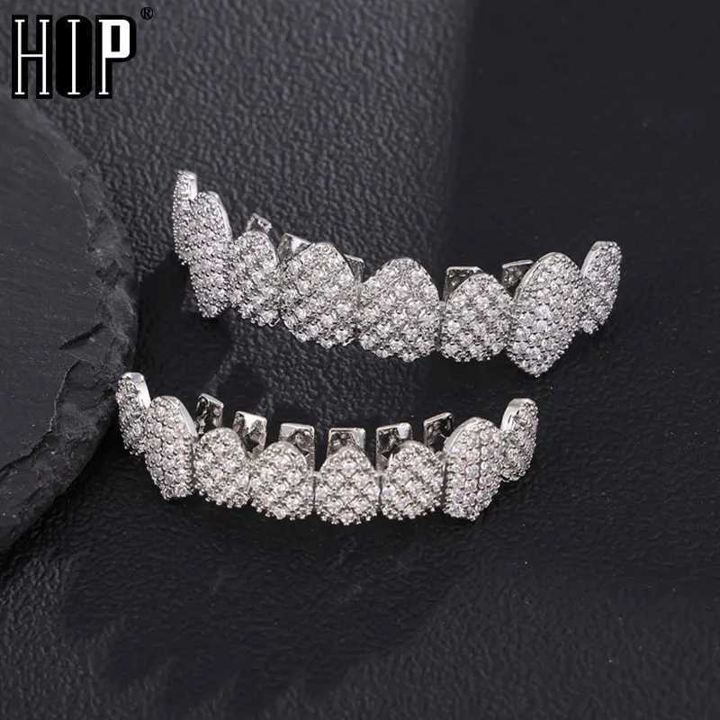Hip Hop All Ice CZ Stone Teeth Grillz Hat Cube Zircon Micro Lay Top and Bottom Charm Barbecue Set W250412