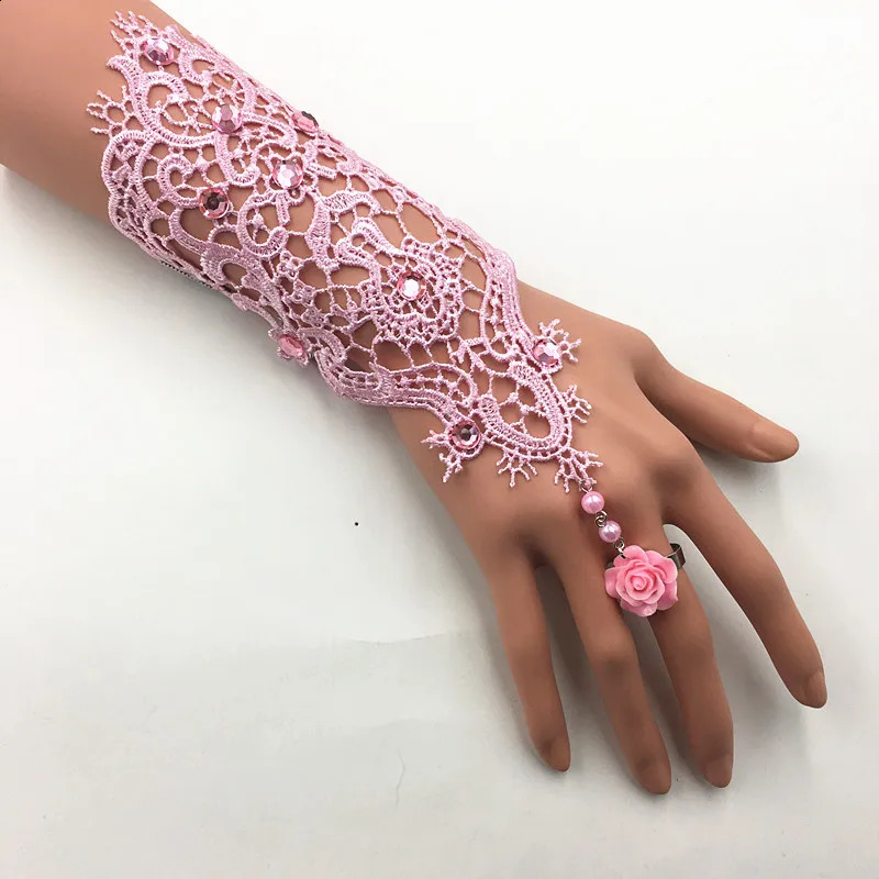 1pair Lace Pearl Rhinestones Bridal Gloves Bracelet Wedding Glove White Black Pink Bride Party Prom Jewelry Ring Wristband Glove 250408