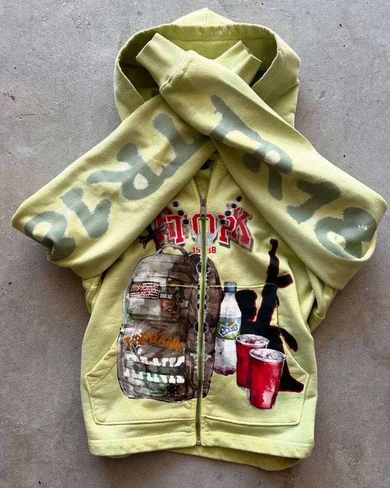 Haruku Hip-hop Fashion Personality Retro Anime Print Oversized Hoodie Men Y2k Casual Loose Versatile Zipper Sweatshirt Women