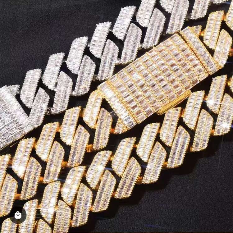 Custom 20mm Baguette Cuban Link Chain Rapper Necklace Fine Jewelry S925 Silver VVS Baguette Moissanite Cuban Chain for Men