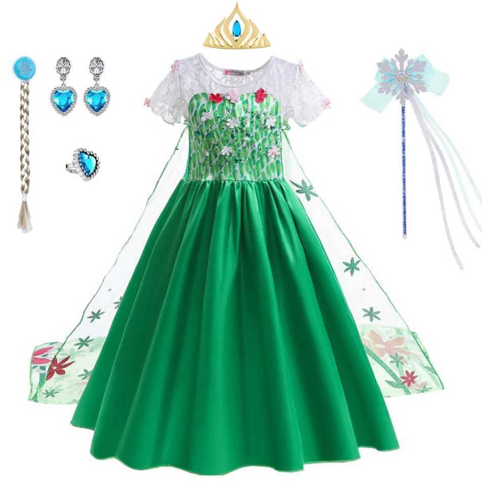 Disney Elsa Green Childrens Dress Girl Princess Dress Childrens Long Dress Flower Lace Ball Dress SummerXJ250411
